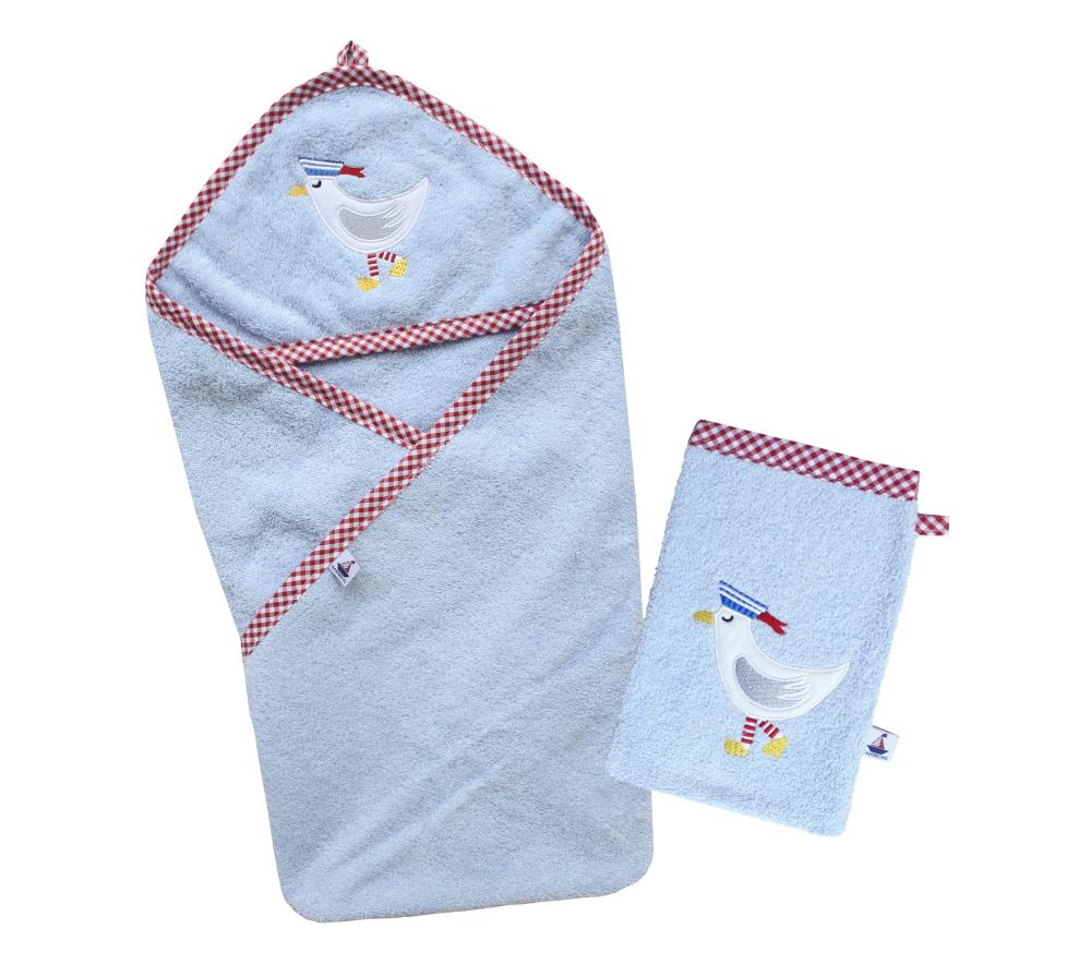 Set Kapuzenhandtuch mit Waschhandschuh Möwe, blau