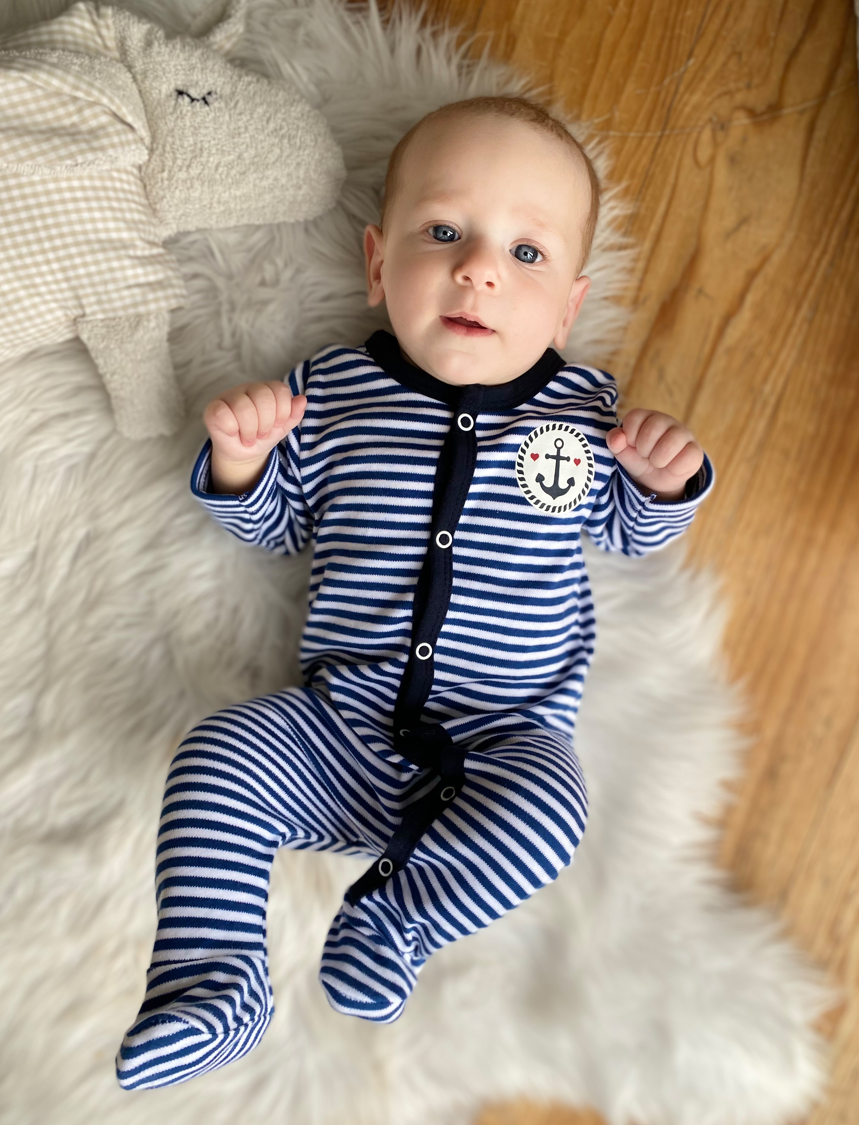 Babystrampler mit Druck, navy-gestreift 50-56