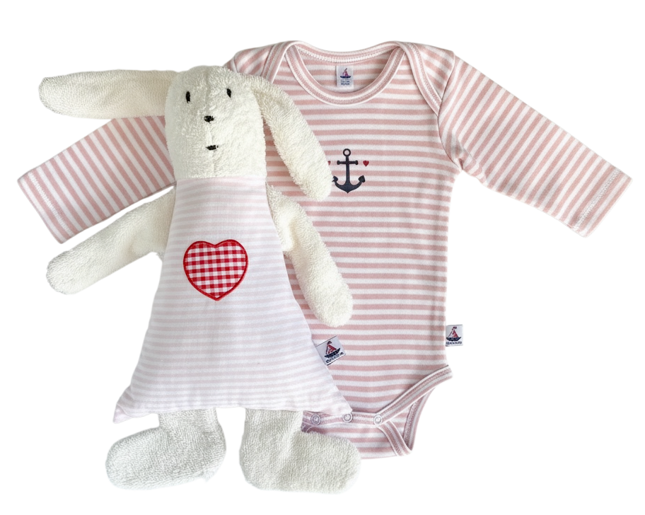 Geschenk-Set Rosa 62/68 | Geschenk zur Geburt Mädchen mit Bio-Baumwoll Body & Kuschelhase