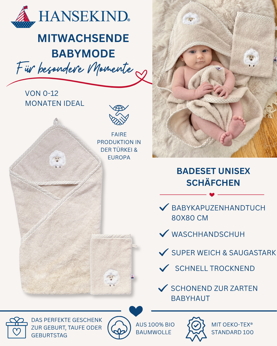 Baby Frottee-Set Dünenschaf | Kapuzenhandtuch & Waschhandschuh | Geschenk zur Geburt