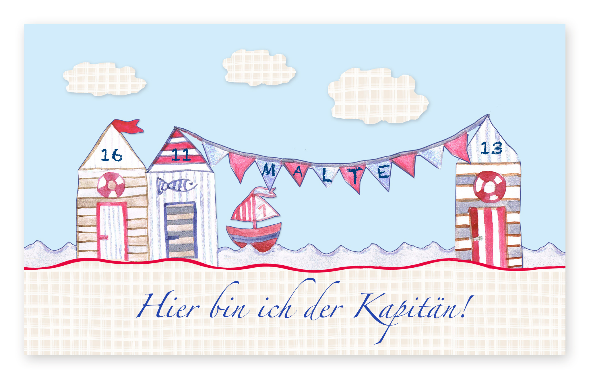 Kinderbild Strandhaus, 60 x 40 cm, personalisiert