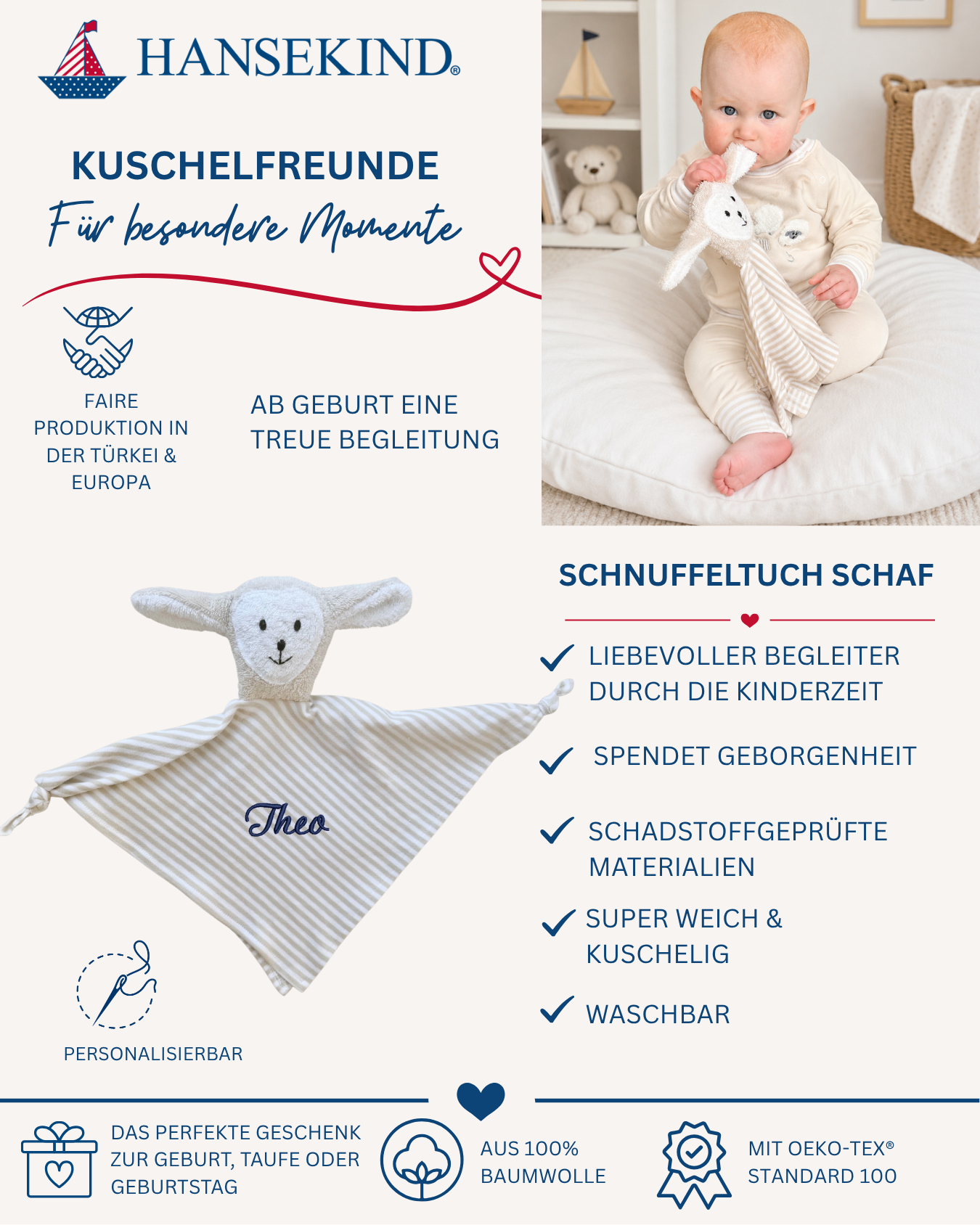 Schnuffeltuch Schaf aus OEKO-TEX® Standard 100 | Kuscheltuch Baby | Hansekind