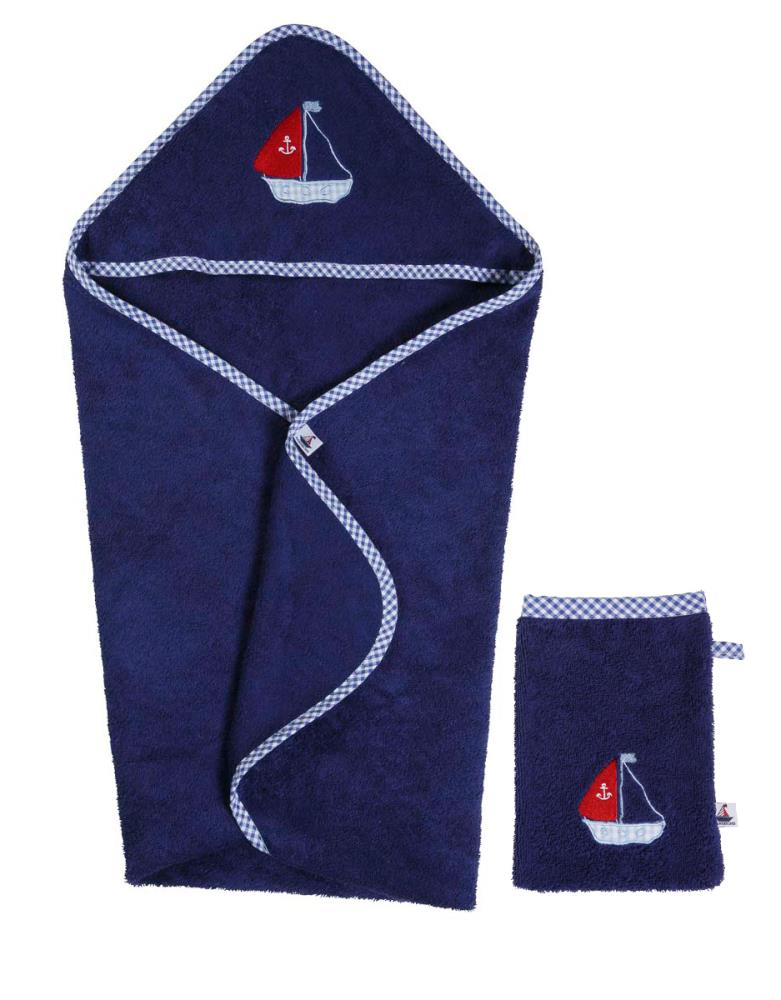 Set Kapuzenhandtuch mit Waschhandschuh Segelboot,navy