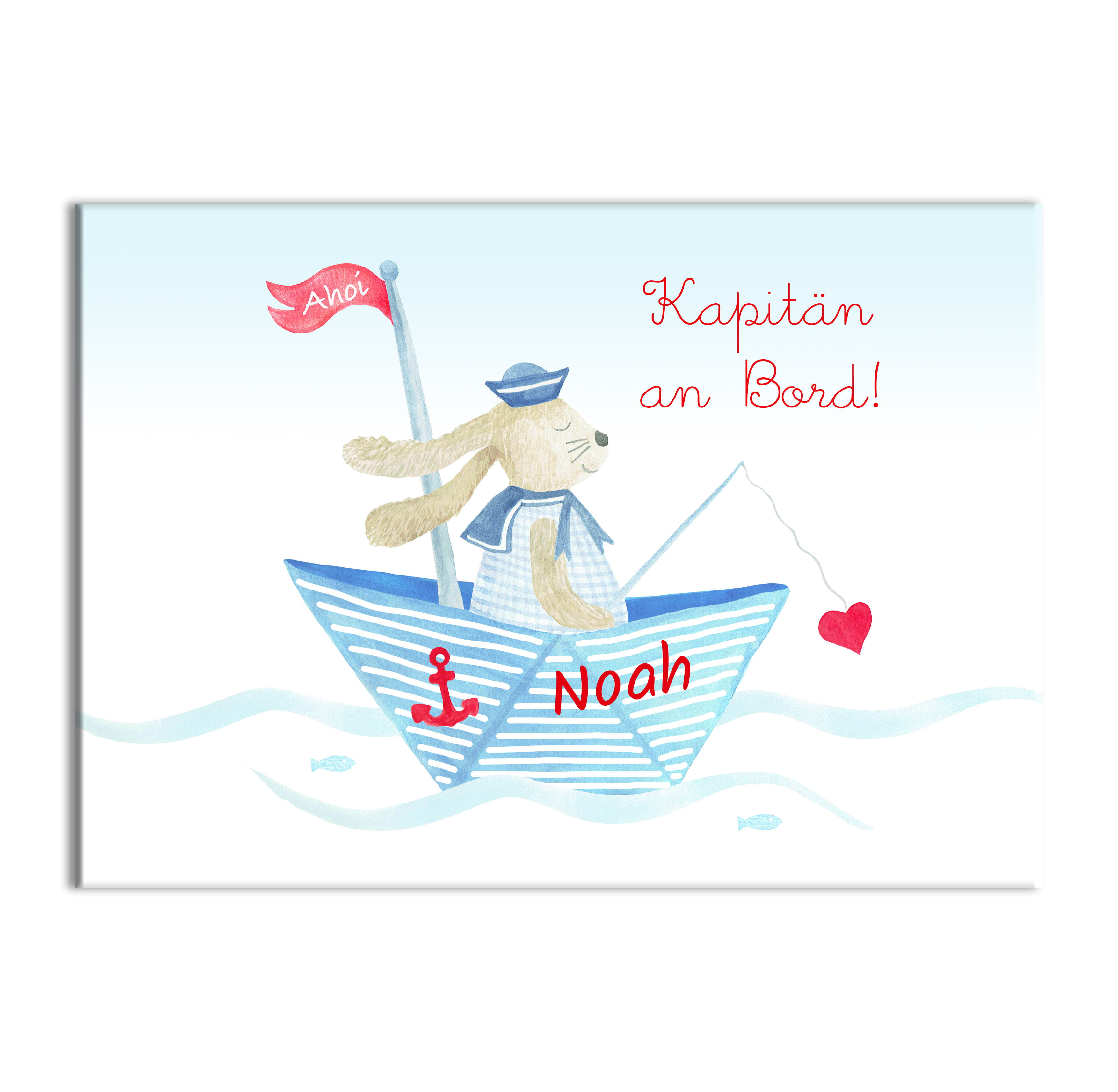 Kinderbild, Hase im Boot, blau, 30 x 40 cm, personalisiert