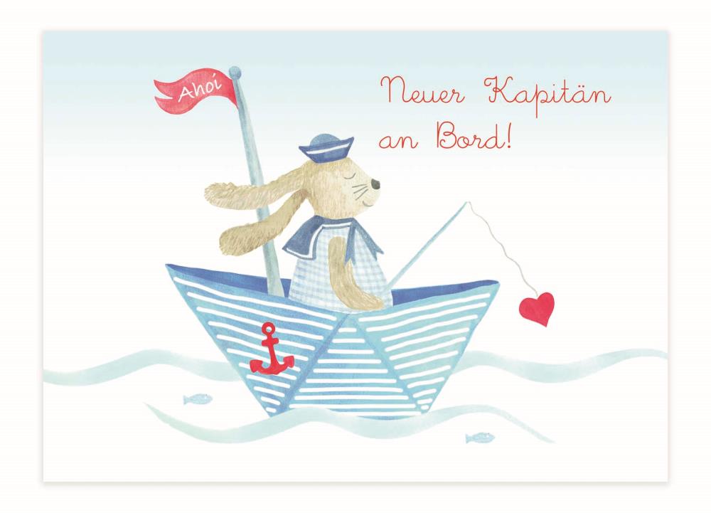 Grußkarte Hase im Boot blau