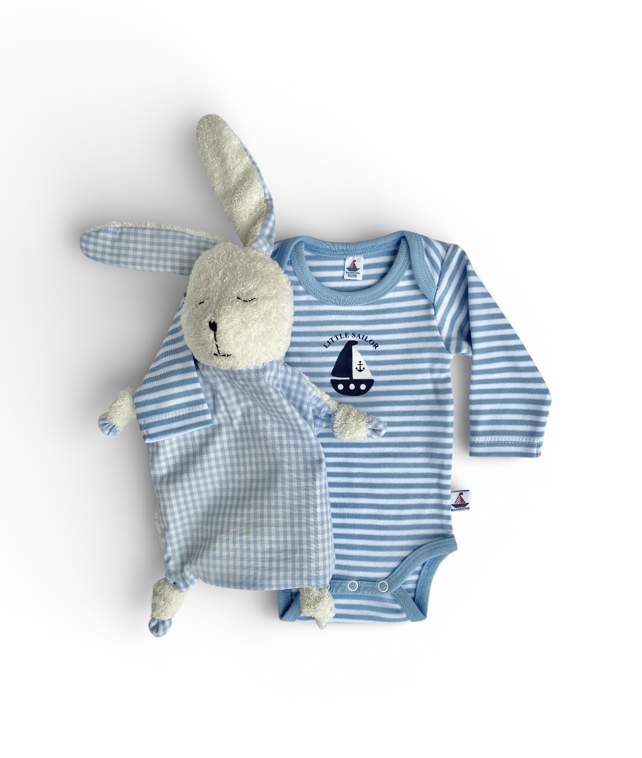 Geschenk zur Geburt – Geschenkeset „Willkommen“ 50-56 | Bio-Baumwoll Body, Schnuffeltuch Hase & Geburtskarte