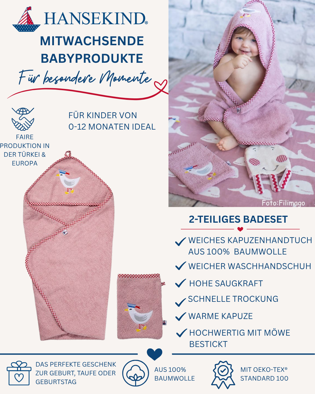 Kapuzenhandtuch Baby mit Waschhandschuh Rosa | Geschenk zur Geburt Mädchen | Hansekind