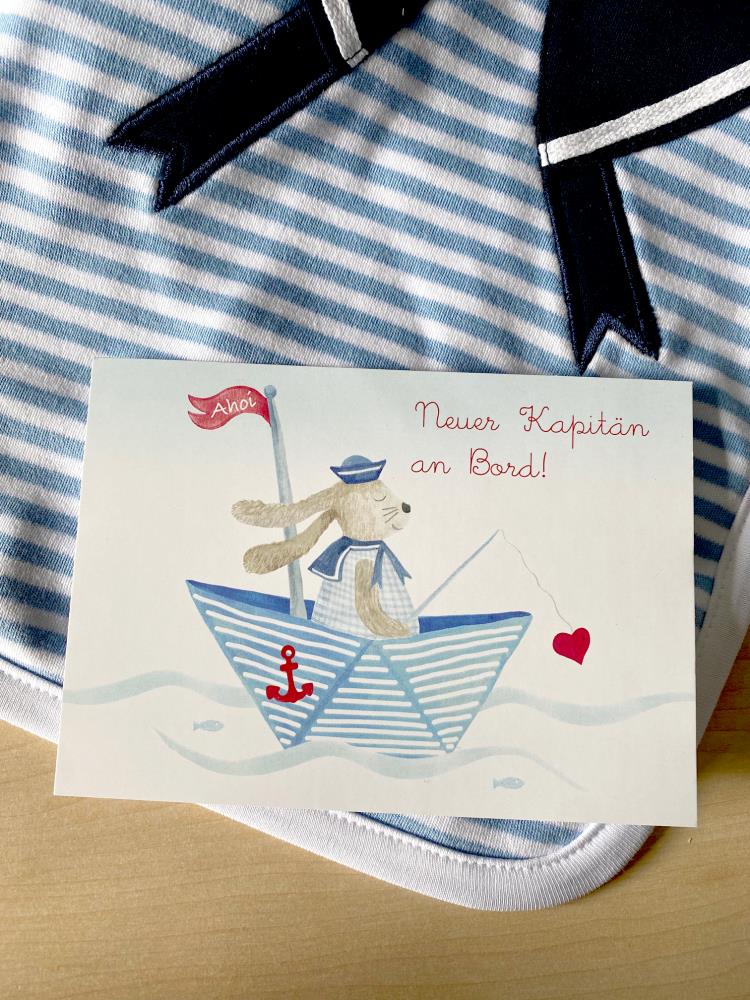 Grußkarte Hase im Boot blau