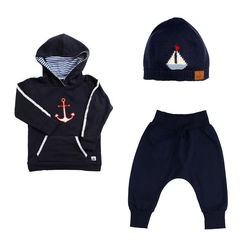 Maritimes 3-teiliges Kinder Outfit | Bio-Baumwoll Sweatshirt, Baggy Hose & Strickmütze