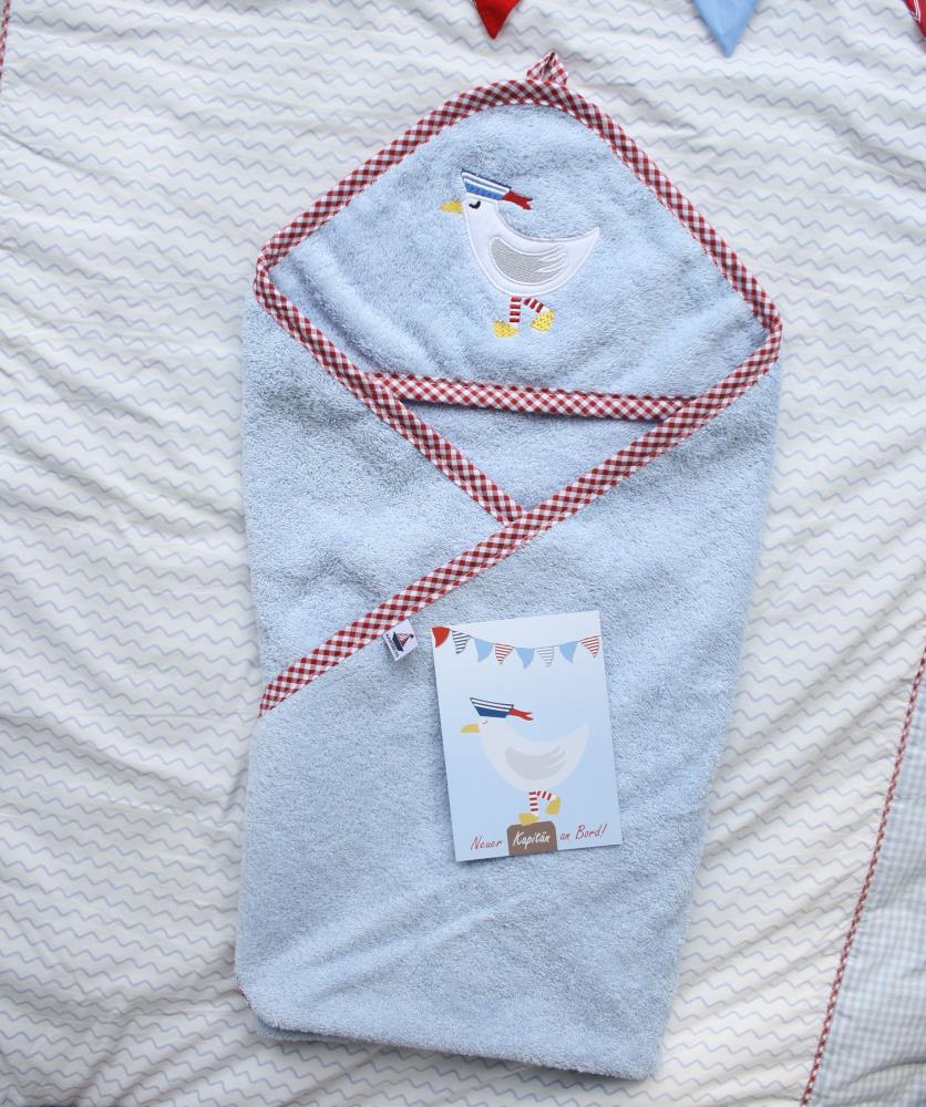 Set Kapuzenhandtuch mit Waschhandschuh Möwe, blau