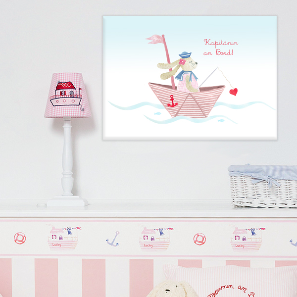 Kinderbild, Hase im Boot, rosa, 30 x 40 cm, personalisiert