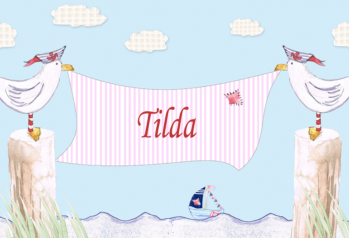 Kinderbild Möwe blau oder rosa, personalisierbar