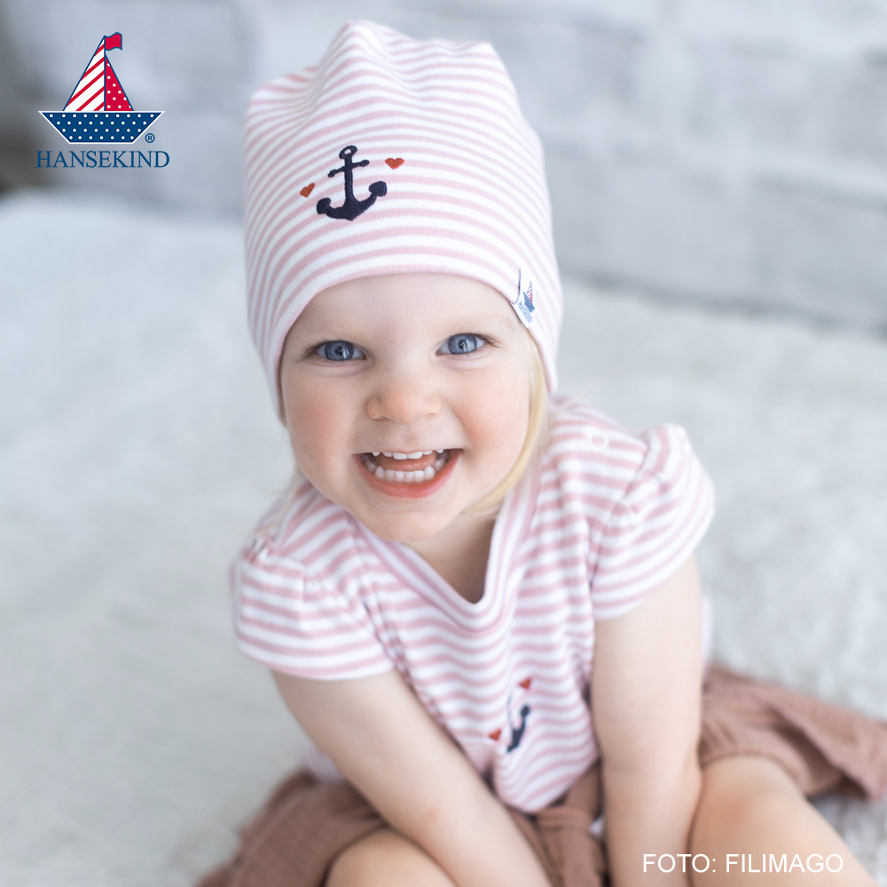 Beanie mit navy Anker-Applik., rosa-gestr.,62/68