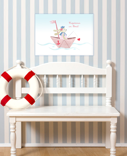 Kinderbild, Hase im Boot, rosa, 30 x 40 cm, personalisiert