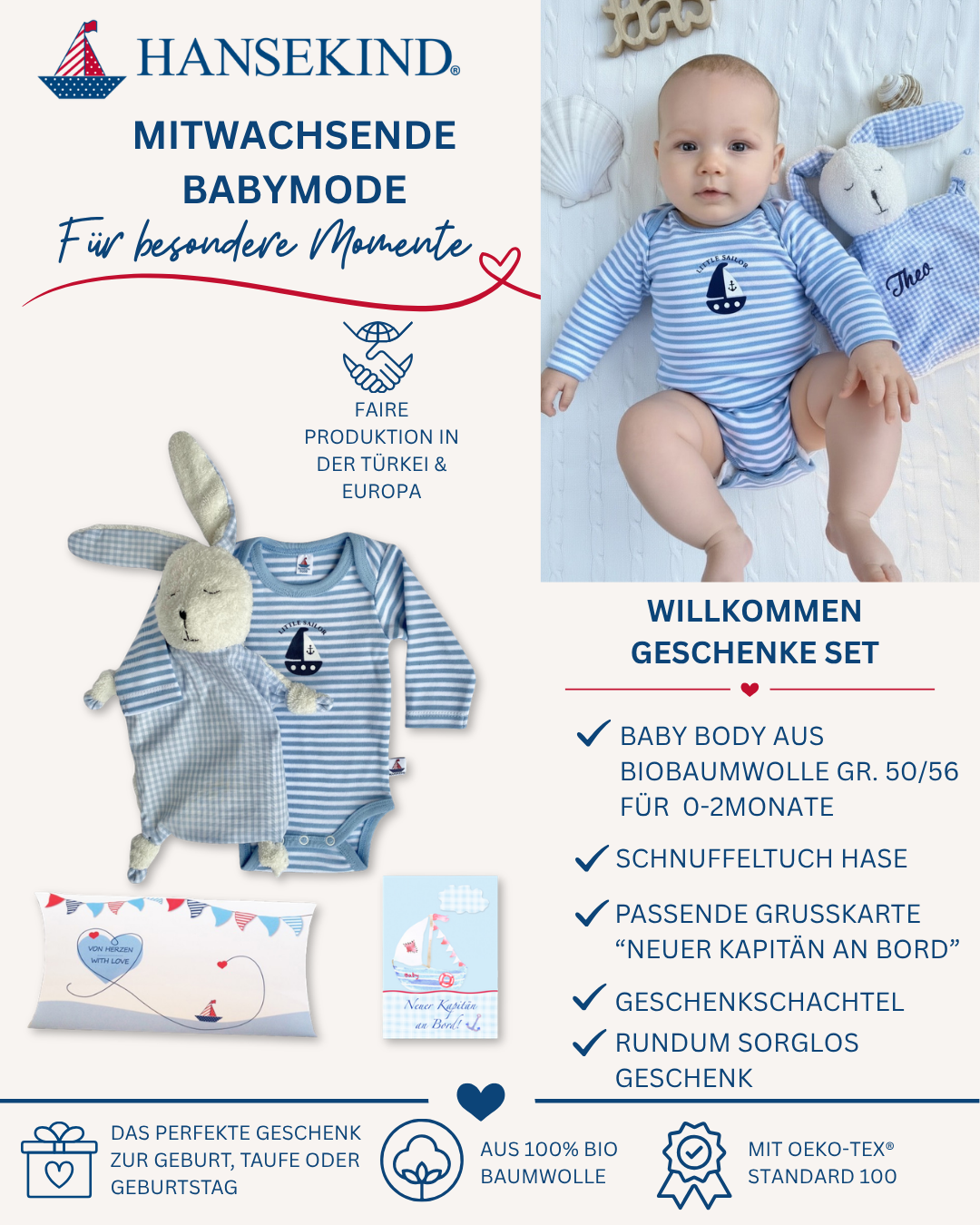 Geschenk zur Geburt – Geschenkeset „Willkommen“ 50-56 | Bio-Baumwoll Body, Schnuffeltuch Hase & Geburtskarte