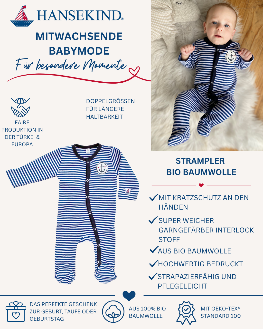 Babystrampler mit Druck, navy-gestreift 50-56