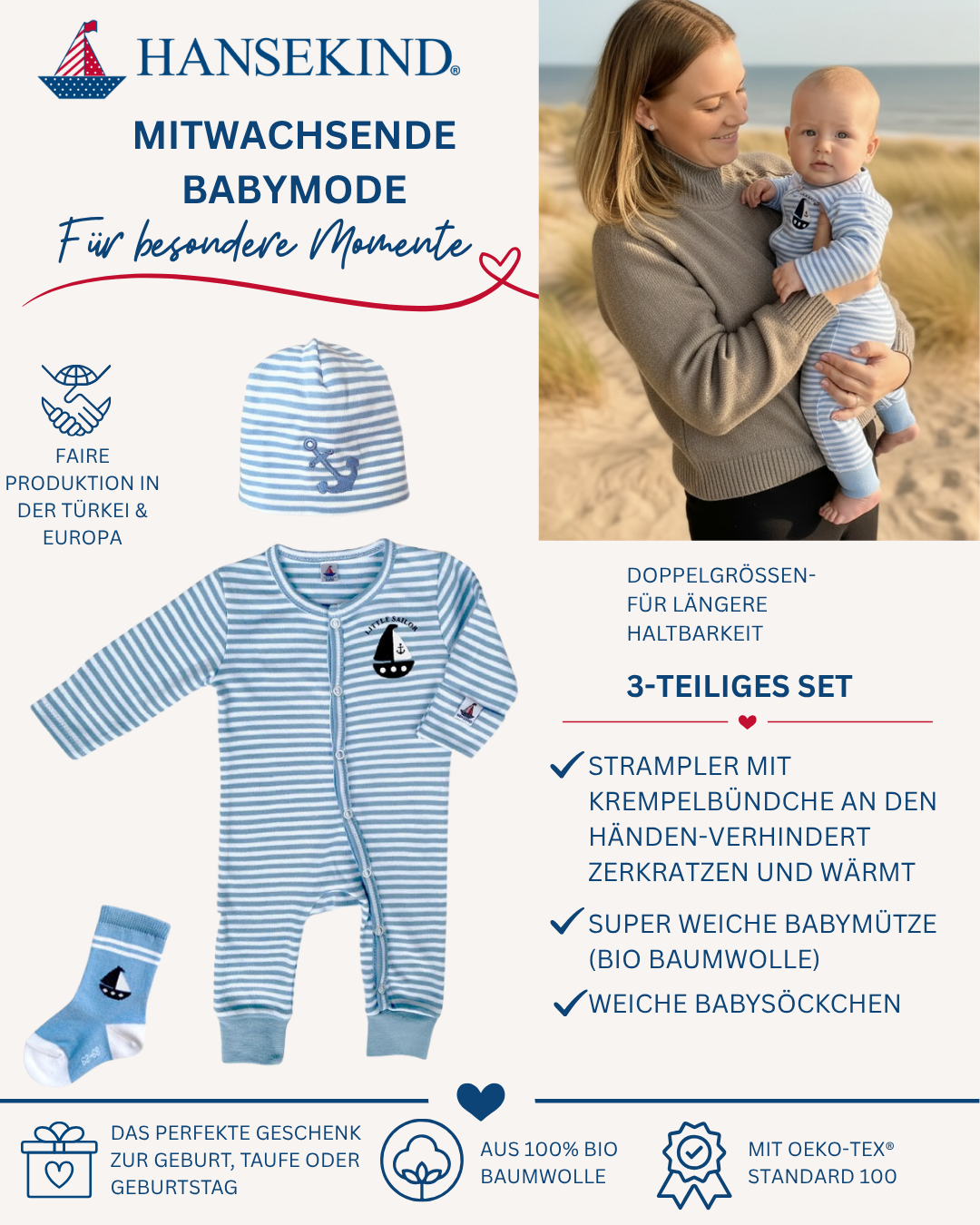 3-teiliges Babyset „Ahoi“ 62/68 | Bio-Baumwoll Strampler, Beanie & Babysocken | Geschenk zur Geburt