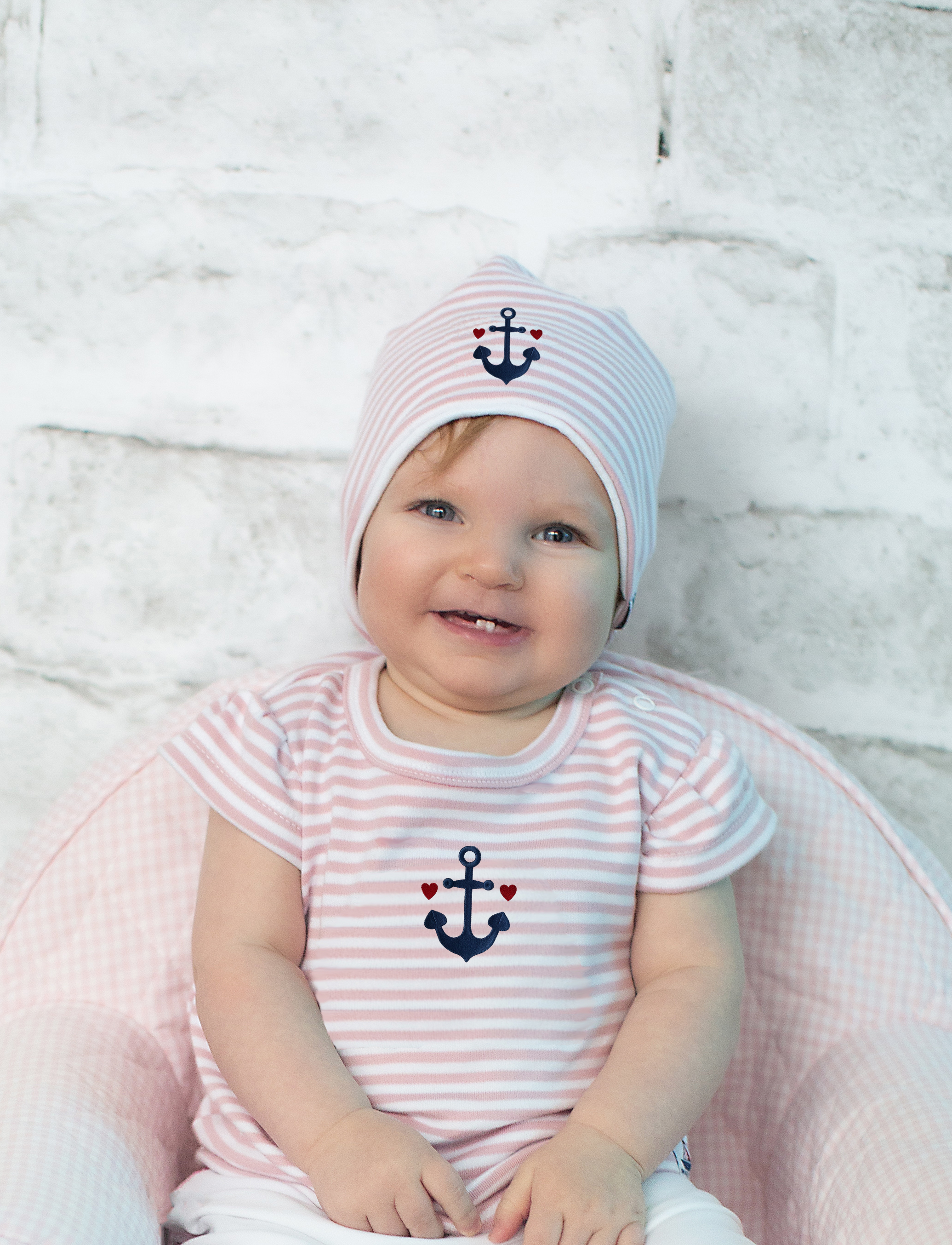 Beanie mit navy Anker-Applik., rosa-gestr.,62/68
