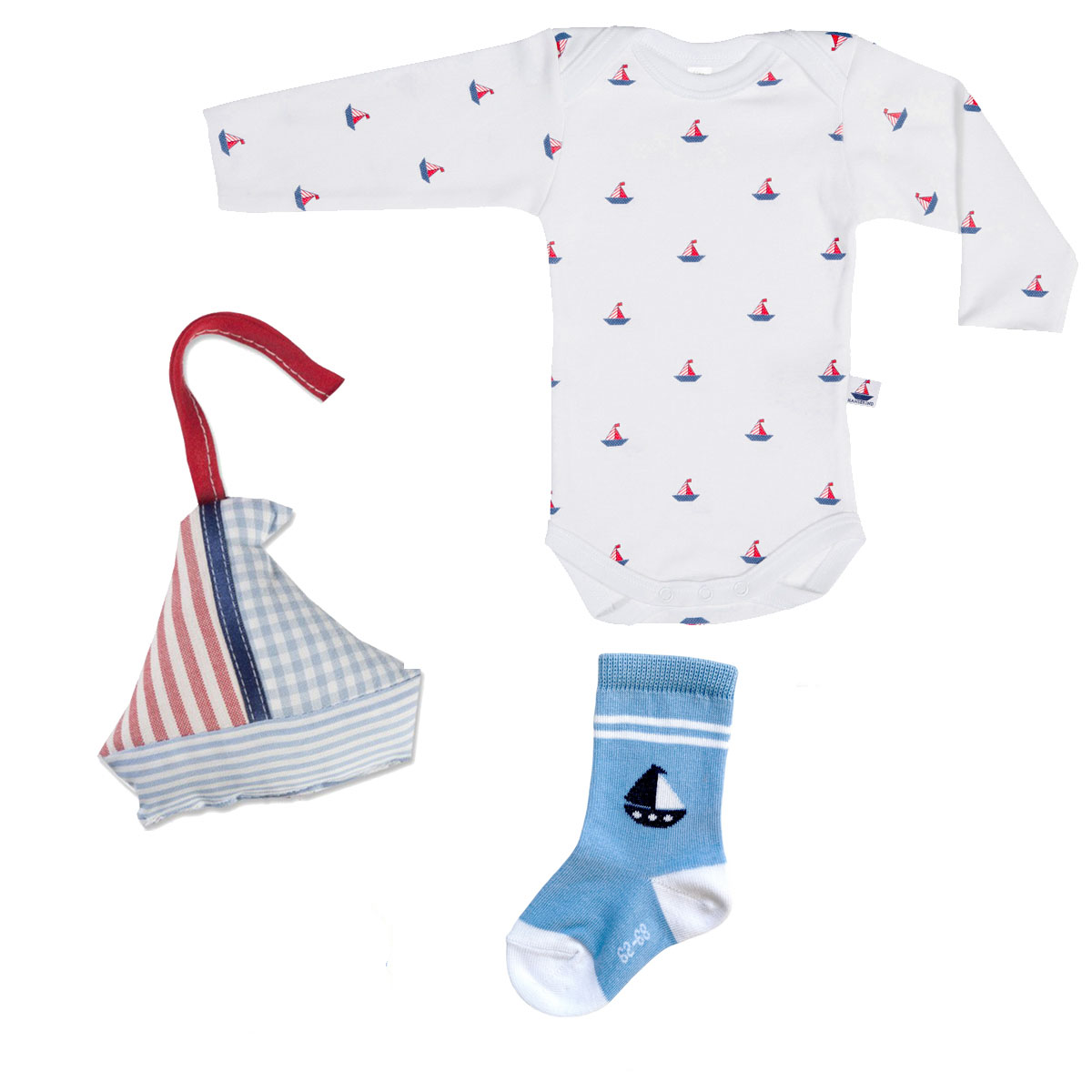 3-teiliges Set Schiff 62/68 | Geschenk zur Geburt mit Bio-Baumwoll Body, Rassel & Babysocken