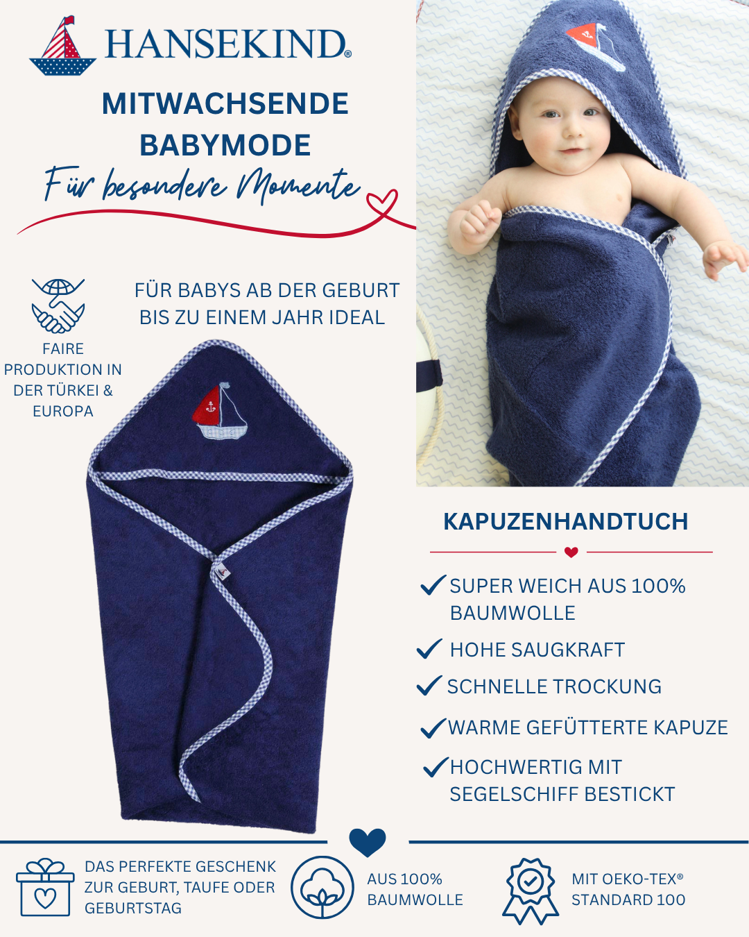 Babykapuzenhandtuch Segelboot navy