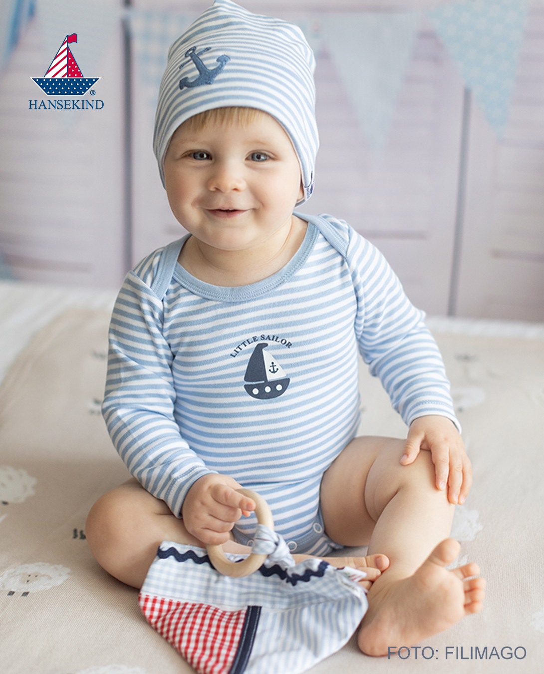 Beanie mit Anker-Applikation, hellblau-gestreift, 2 - 6 Monate