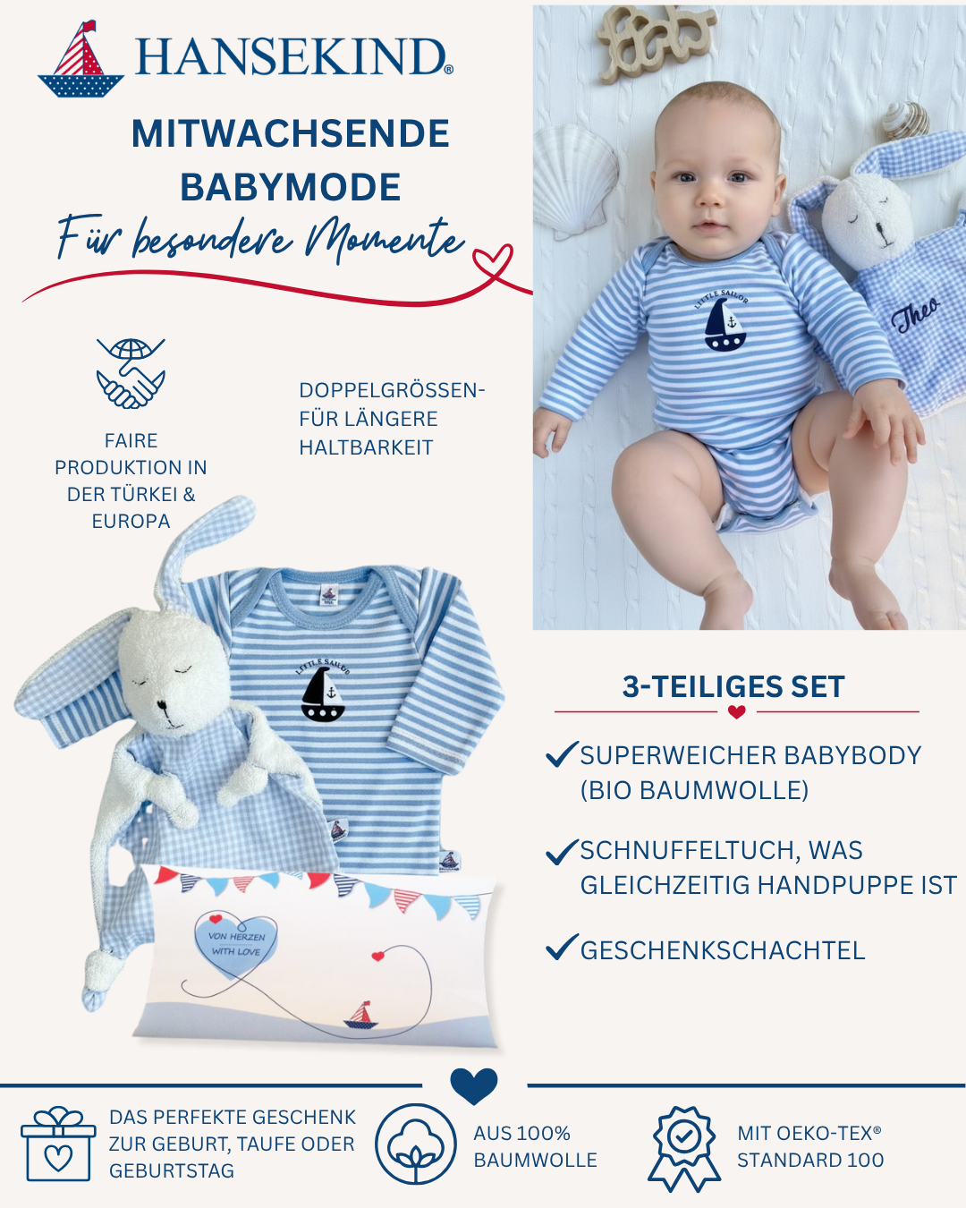 Geschenkeset „Ahoi“ zur Geburt 62/68 | Baby Geschenkset aus Bio-Baumwolle | Hansekind