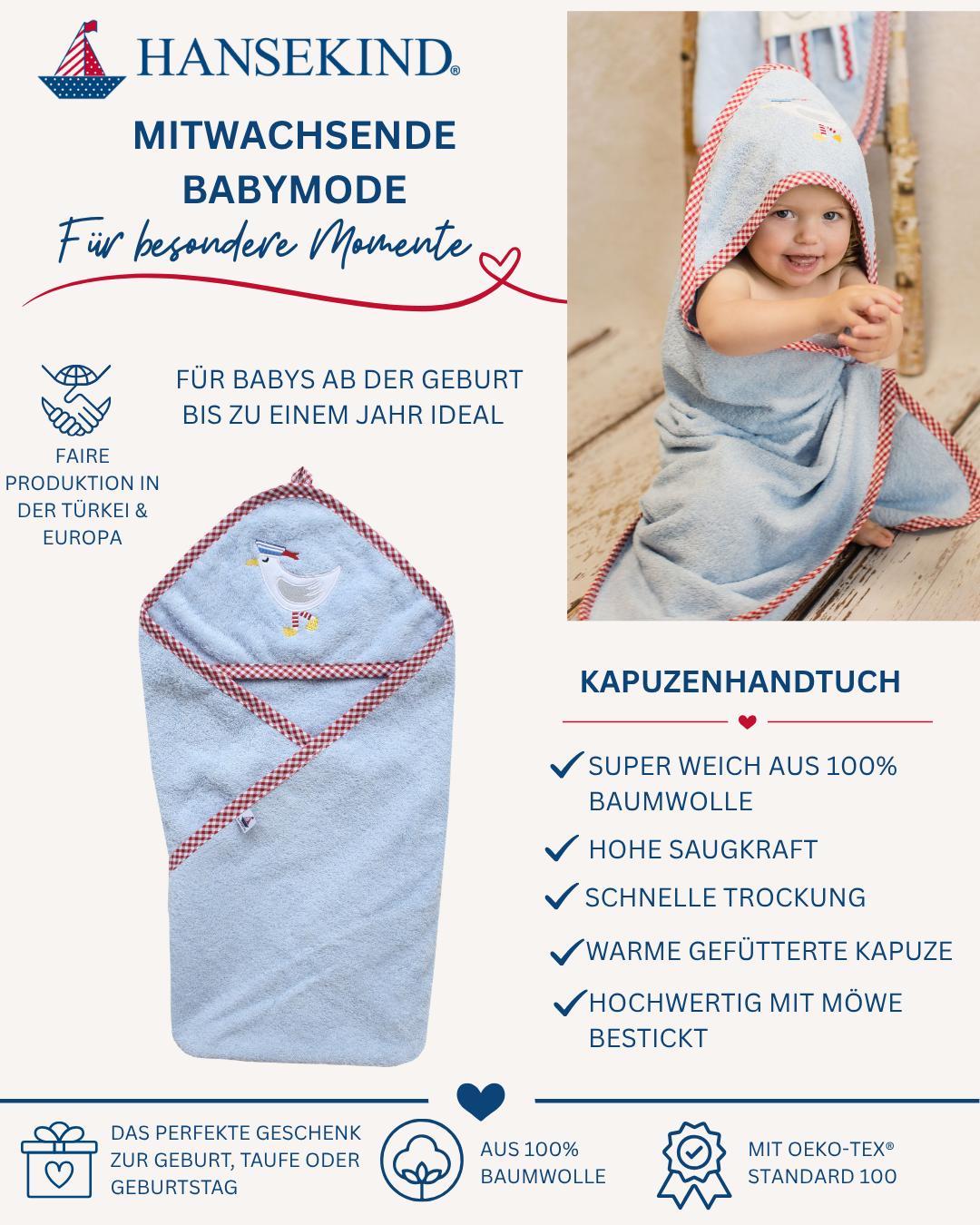 Babykapuzenhandtuch Möwe hellblau