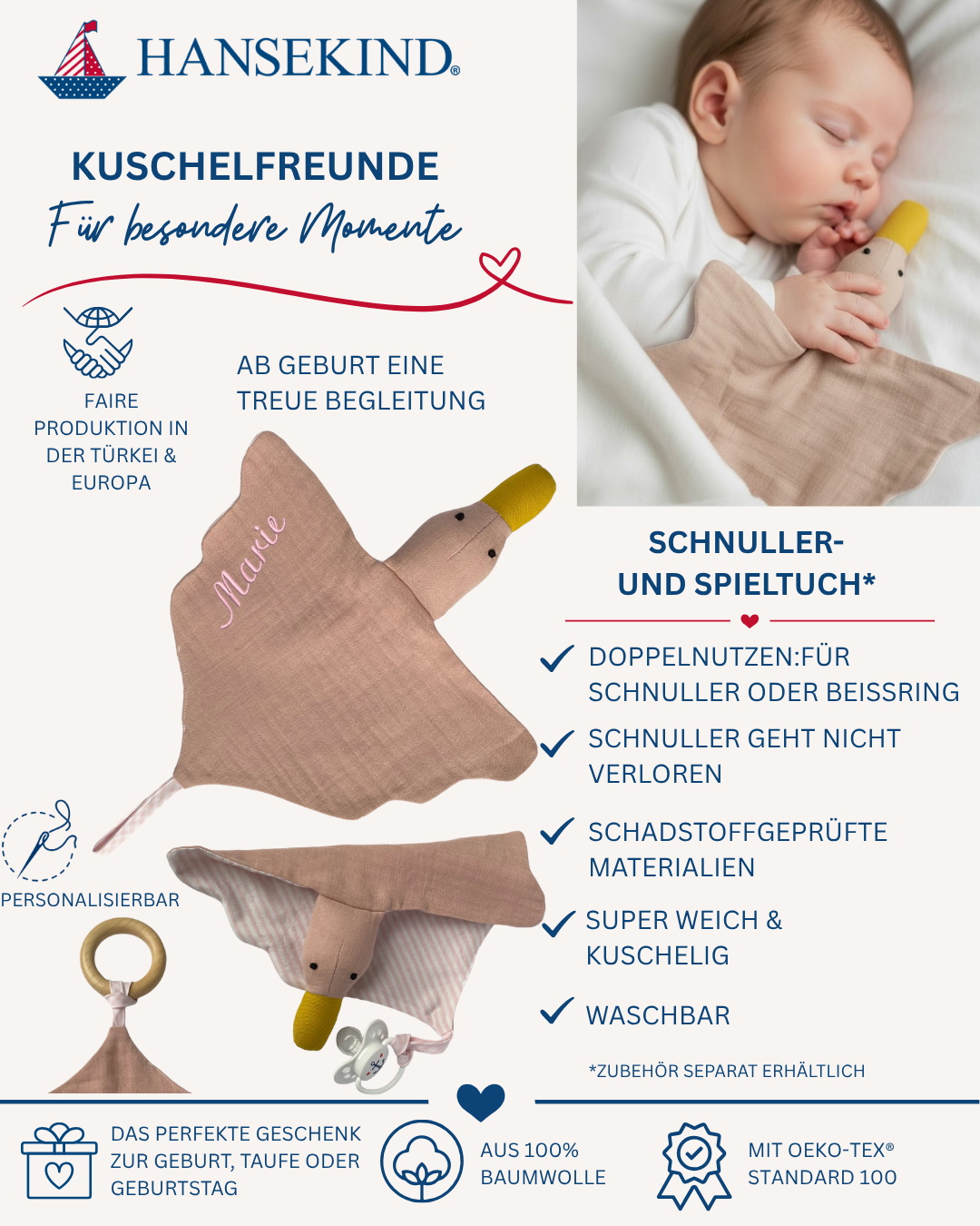 Schnuller- und Schnuffeltuch Gans rosa