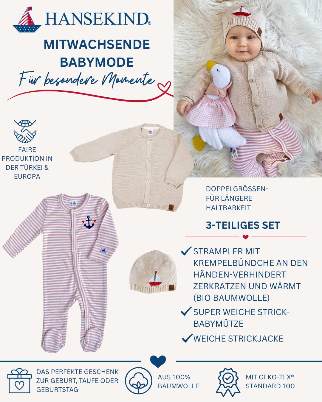 3-teiliges Set Rosa Sand 62/68 | Geschenk zur Geburt mit Bio-Baumwoll Strampler, Halstuch & Babysocken