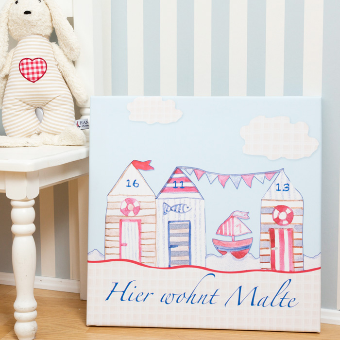 Kinderbild Strandhaus, 40 x 40 cm, personalisiert