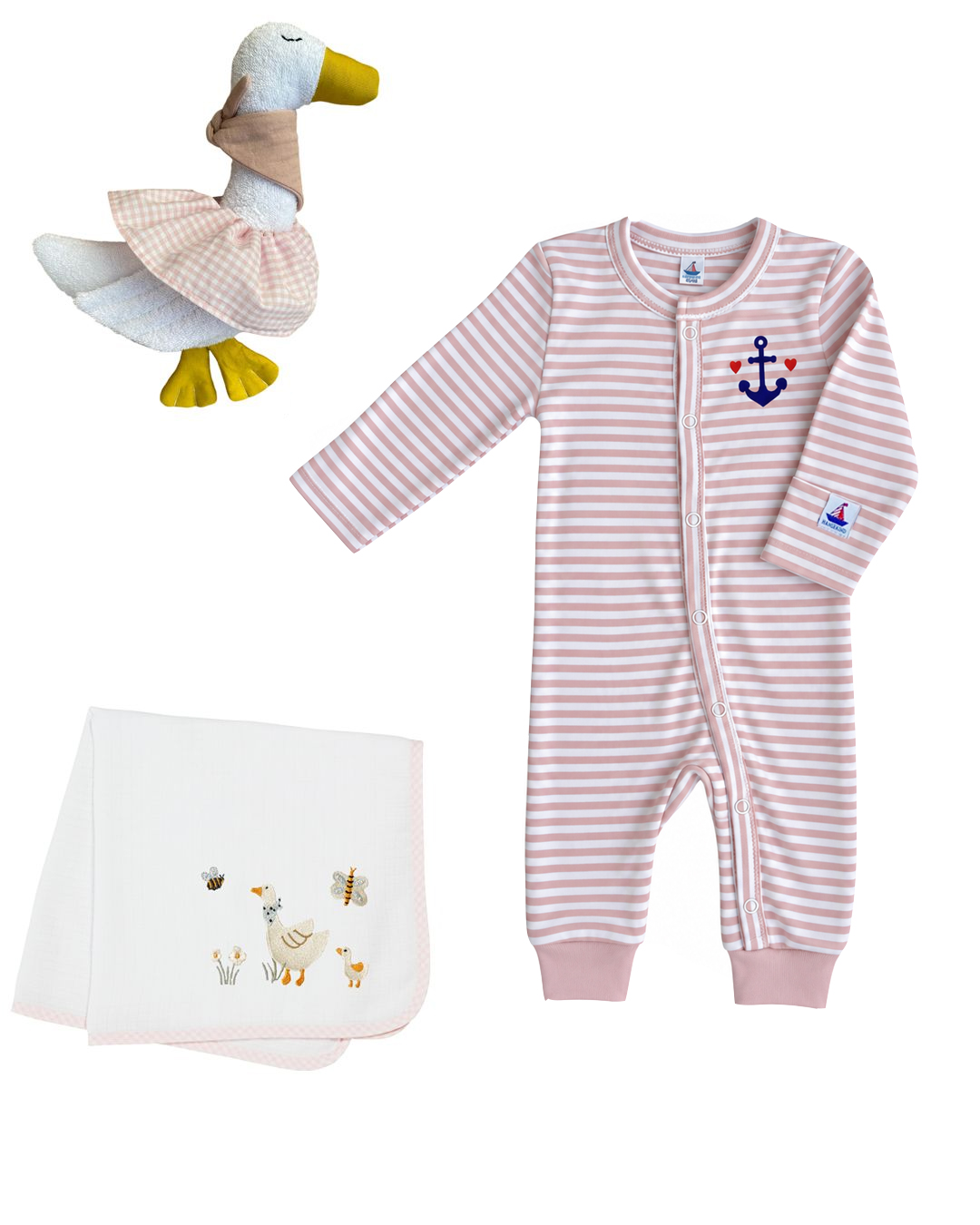 3-teiliges Set Happy Family | Geschenk zur Geburt mit Strampler, Mullwindel & Kuschelgans