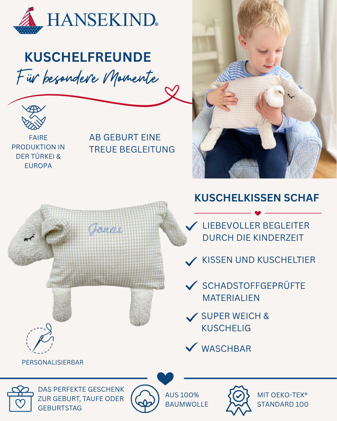 Kuschelkissen Schaf – personalisierbares Babykissen zur Geburt