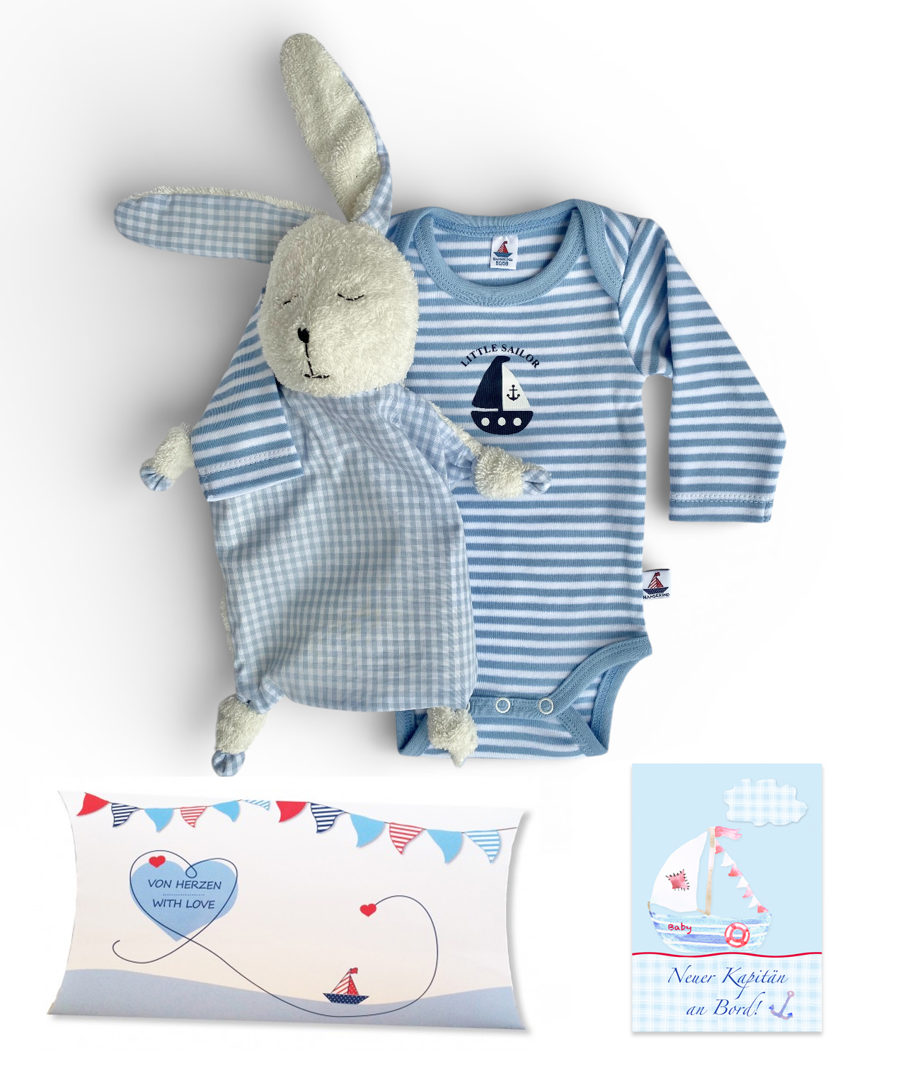 Geschenk zur Geburt – Geschenkeset „Willkommen“ 50-56 | Bio-Baumwoll Body, Schnuffeltuch Hase & Geburtskarte
