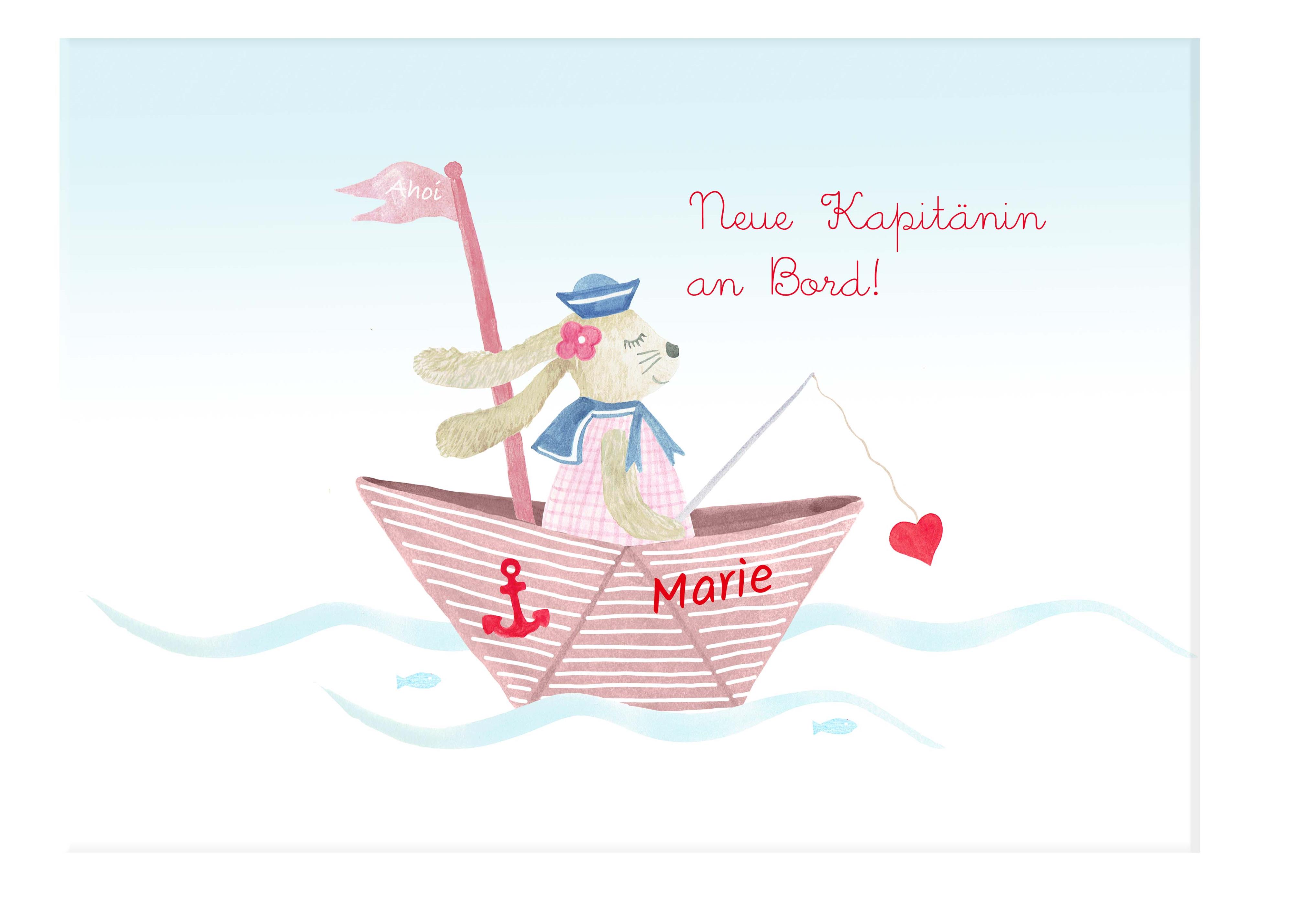 Kinderbild, Hase im Boot, rosa, 30 x 40 cm, personalisiert