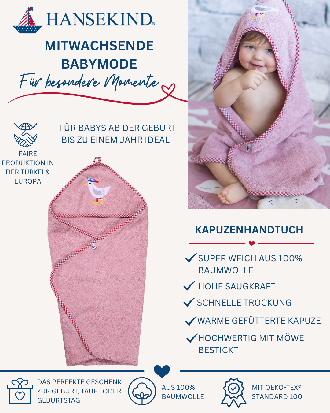 Kapuzenhandtuch, altrosa Frottee, Möwe